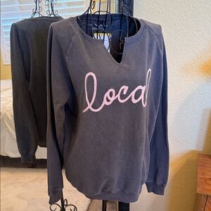 Local Women's Gray Sweater with Pink Lettering